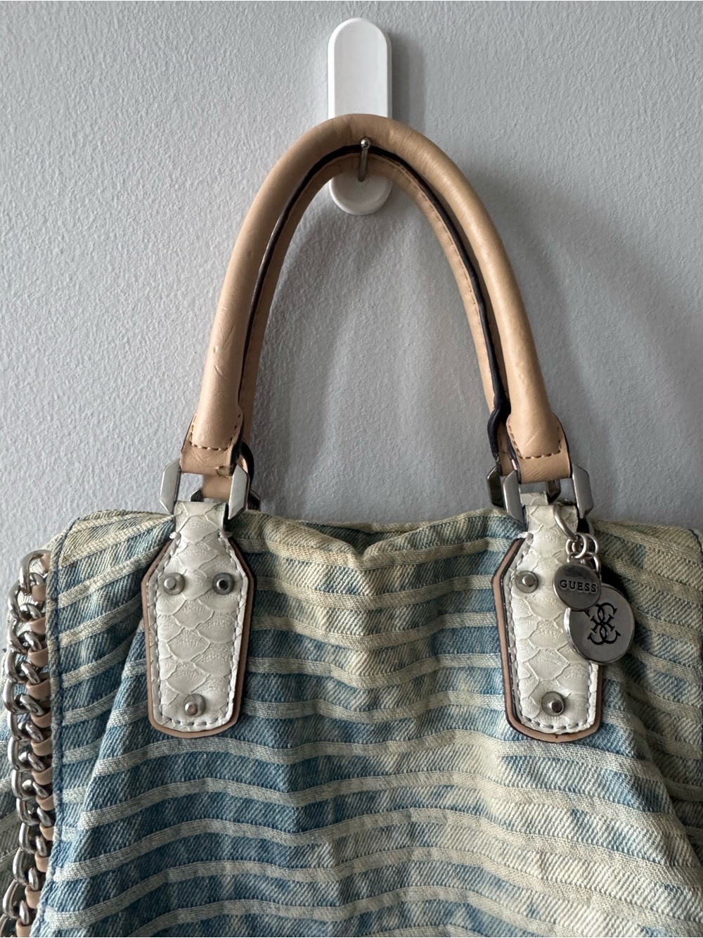 Guess Denim-Striped Light Blue Tote with Tan Handles - Picture 4 of 13